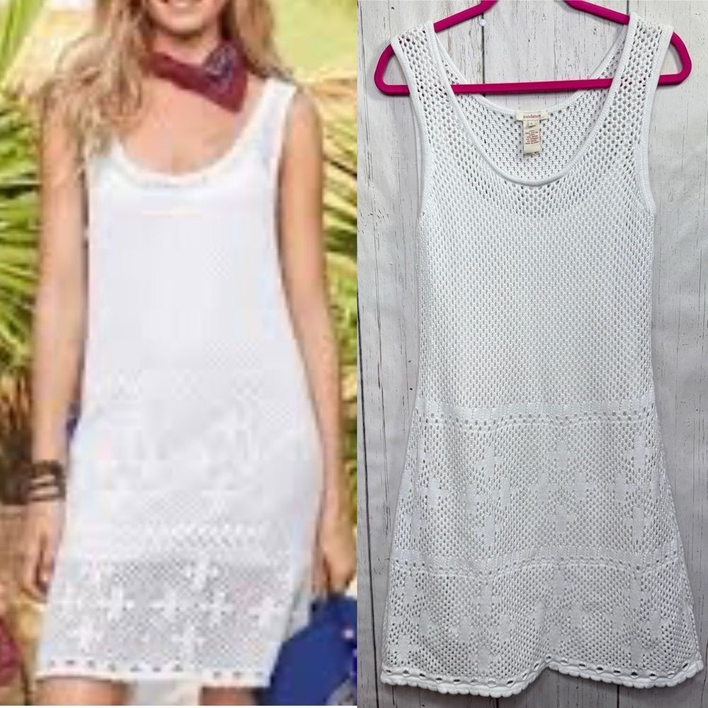 Sundance White Crochet Knit Dress L Boho Beach Resort Summer Minimalist Coastal